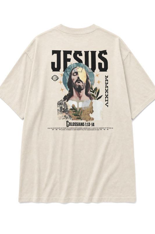 Camiseta Oversized Colossians 1:13-14 Off-White - costas